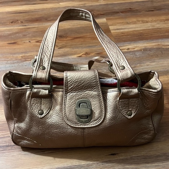 The Sak small leather shoulder bag, gold, double handle turn lock preowned - Picture 1 of 12